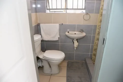 Ensuite bathroom of the self-catering room with a toilet, basin and shower.