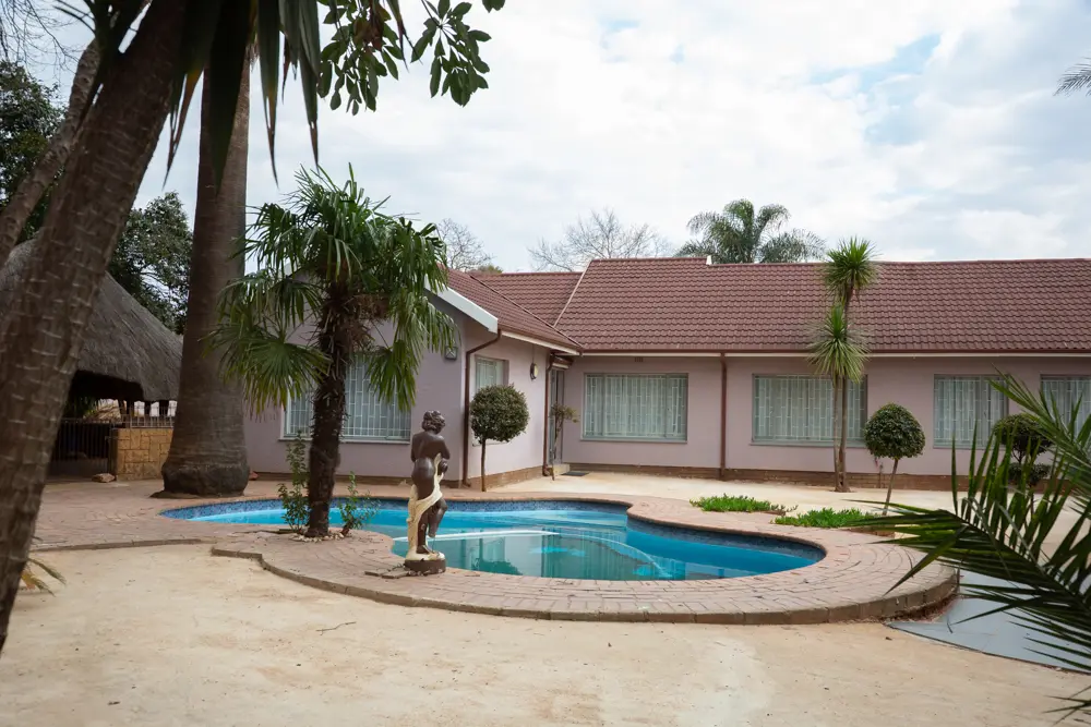 The swimming pool and palm trees in the courtyard